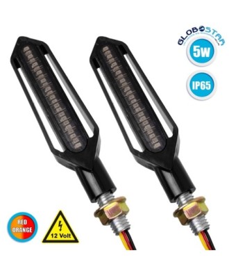 GloboStar® 81756 ΣΕΤ 2 x Φλάς Μοτοσυκλέτας Universal Knife LED SMD 5050 5W DC 12V 2 Λειτουργιών Κόκκινο για Πορείας-Stop & με Τρεχούμενο Εφέ Φωτισμού Πορτοκαλί για Φλας Αδιάβροχα IP65